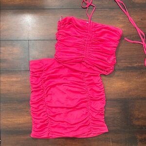 Fashion Nova Hot Pink Ruched Strapless Top & Skirt Set